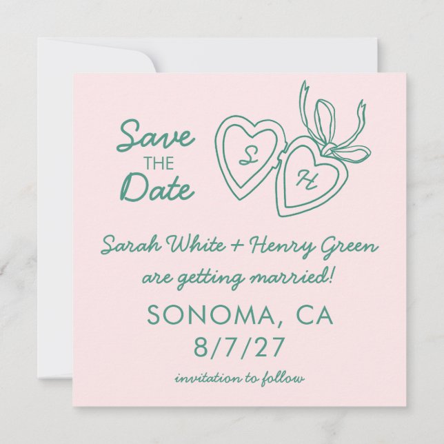 Whimsical Heart Locket Doodle Sketch Modern CUSTOM Save The Date (Back)