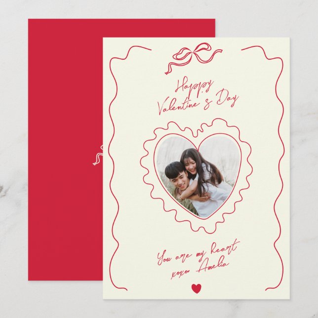 Whimsical Heart Photo Bow Frame Love Valentines Holiday Card (Front/Back)