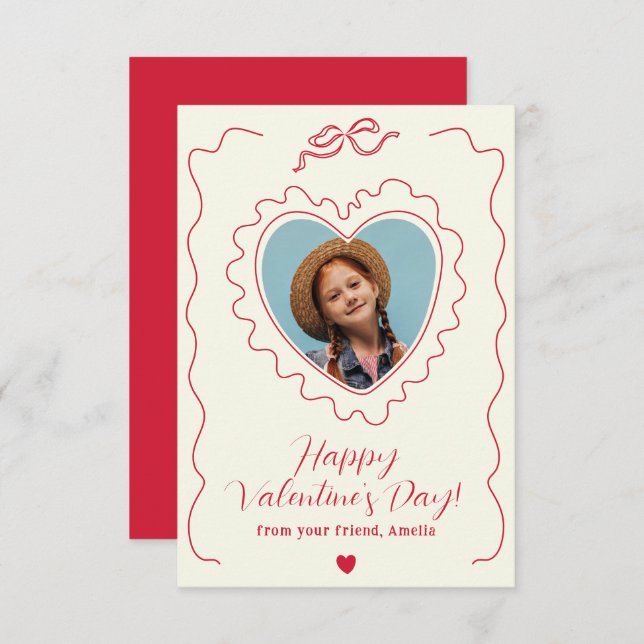 Whimsical Heart Photo Bow Frame Love Valentines Note Card (Front/Back)