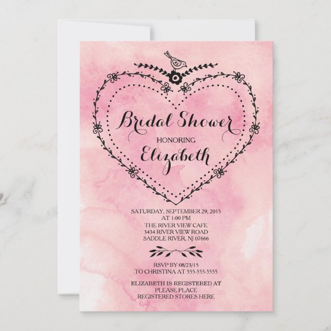 Whimsical Heart Pink Watercolor Bridal Shower Invitation (Front)