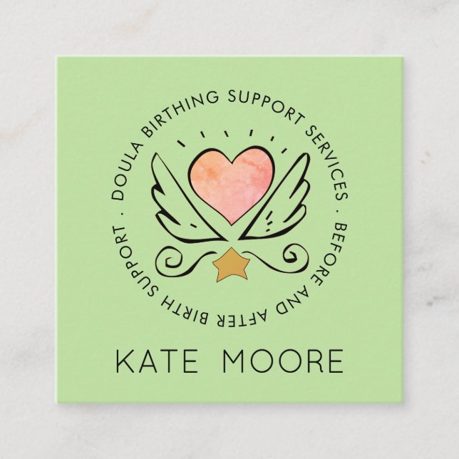 Whimsical Heart Wings Midwife Or Doula Birth Coach Square Business Card (Front)