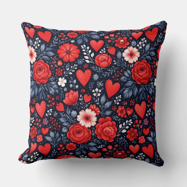 Whimsical Hearts and Flowers Throw Pillow (Front)