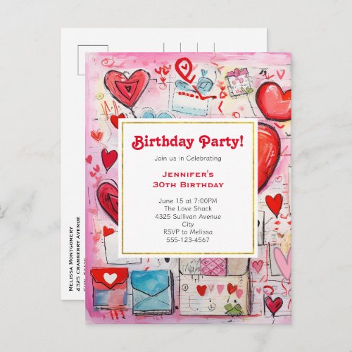 Whimsical Hearts and Love Letters Birthday Invite