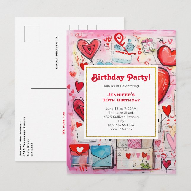 Whimsical Hearts and Love Letters Birthday Invite (Front/Back)