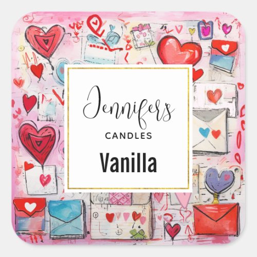 Whimsical Hearts and Love Letters Candle Business Square Sticker