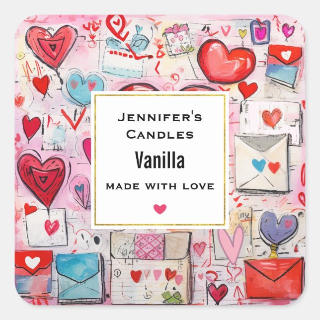 Whimsical Hearts and Love Letters Candle Business Square Sticker (Front)