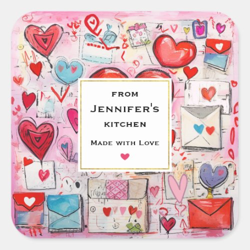 Whimsical Hearts and Love Letters Kitchen Square Sticker