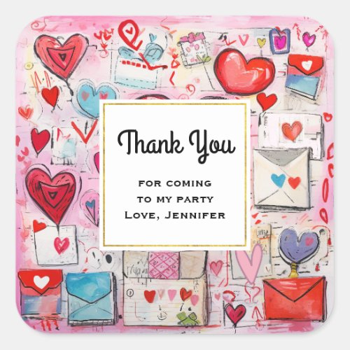 Whimsical Hearts and Love Letters Party Thank You Square Sticker