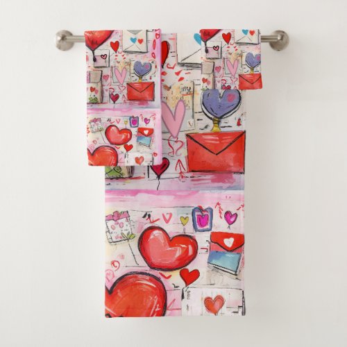 Whimsical Hearts and Love Letters Pattern Bath Towel Set