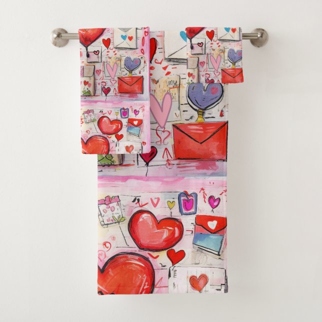 Whimsical Hearts and Love Letters Pattern Bath Towel Set (Insitu)