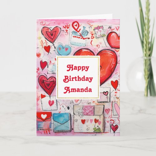 Whimsical Hearts and Love Letters Pattern Birthday Card