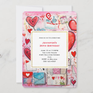 Whimsical Hearts and Love Letters Pattern Birthday Invitation
