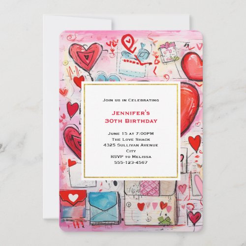 Whimsical Hearts and Love Letters Pattern Birthday Invitation