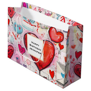 Whimsical Hearts and Love Letters Pattern Birthday Large Gift Bag