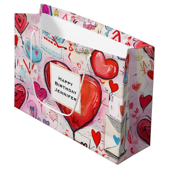 Whimsical Hearts and Love Letters Pattern Birthday Large Gift Bag (Front Angled)