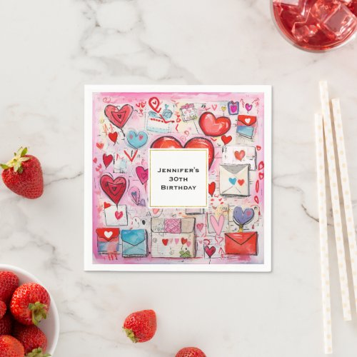 Whimsical Hearts and Love Letters Pattern Birthday Napkins