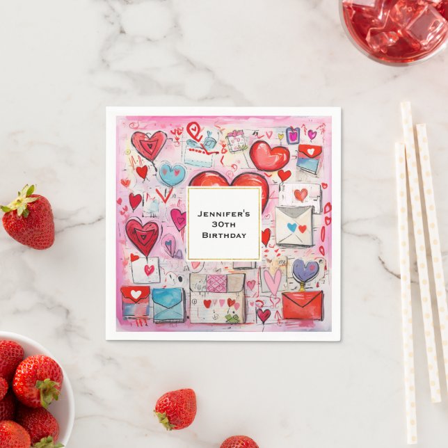 Whimsical Hearts and Love Letters Pattern Birthday Napkins (Insitu)