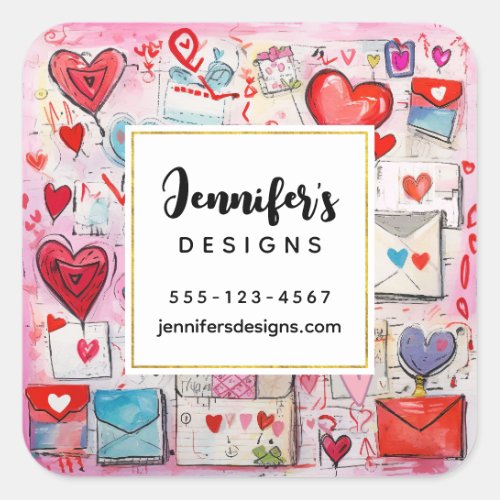 Whimsical Hearts and Love Letters Pattern Business Square Sticker