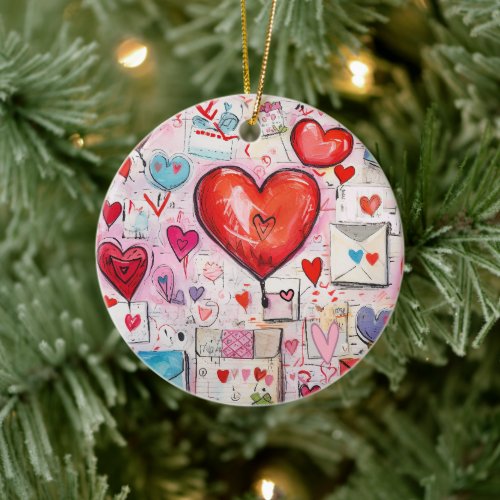 Whimsical Hearts and Love Letters Pattern Ceramic Ornament