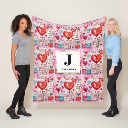Whimsical Hearts and Love Letters Pattern Fleece Blanket