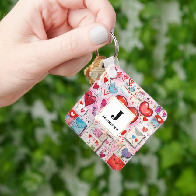 Whimsical Hearts and Love Letters Pattern Keychain (Hand)