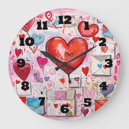 Whimsical Hearts and Love Letters Pattern Large Clock