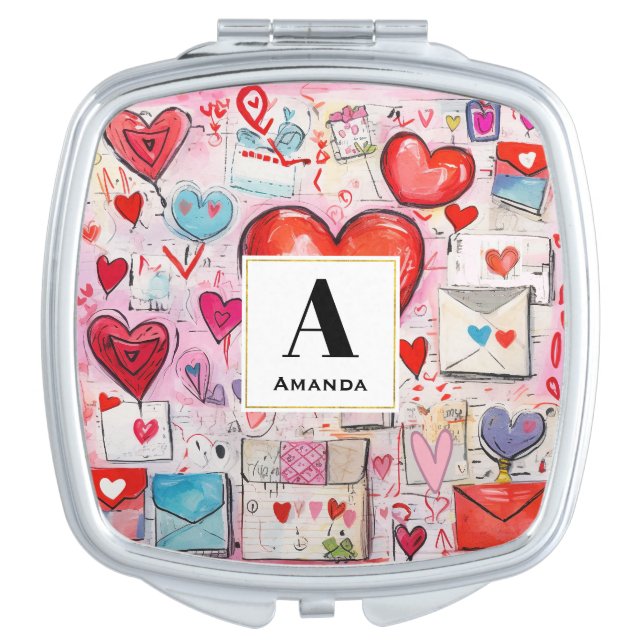 Whimsical Hearts and Love Letters Pattern Monogram Compact Mirror (Front)
