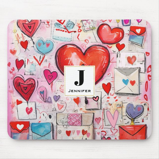 Whimsical Hearts and Love Letters Pattern Monogram Mouse Pad (Front)