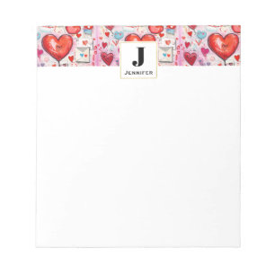 Whimsical Hearts and Love Letters Pattern Monogram Notepad