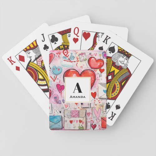 Whimsical Hearts and Love Letters Pattern Monogram Playing Cards