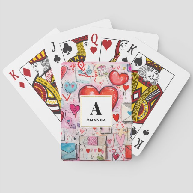 Whimsical Hearts and Love Letters Pattern Monogram Poker Cards (Back)