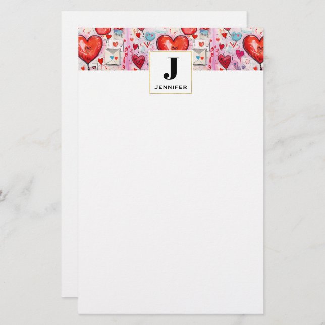 Whimsical Hearts and Love Letters Pattern Monogram Stationery (Front/Back)