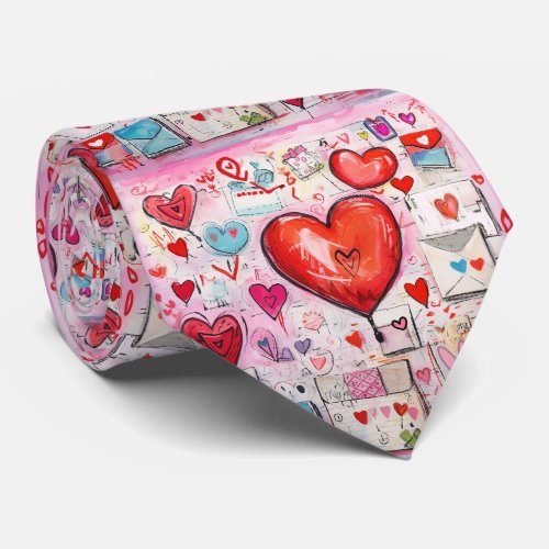 Whimsical Hearts and Love Letters Pattern Neck Tie