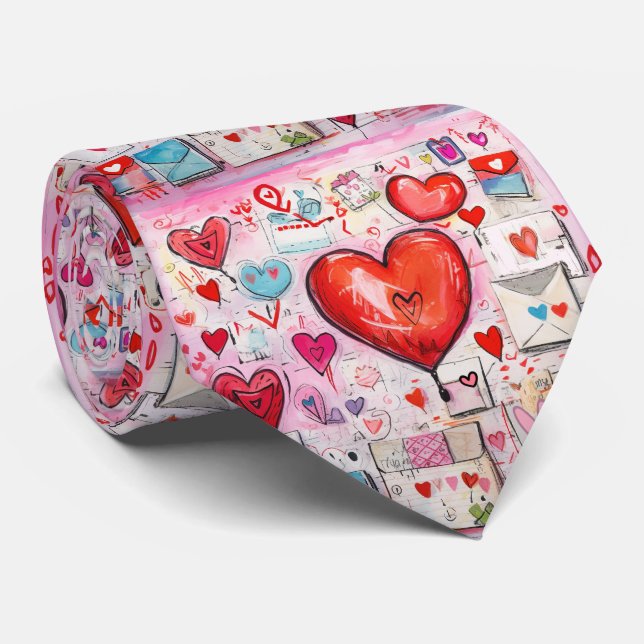 Whimsical Hearts and Love Letters Pattern Neck Tie (Rolled)