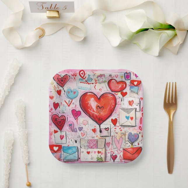 Whimsical Hearts and Love Letters Pattern Paper Plates (Wedding)