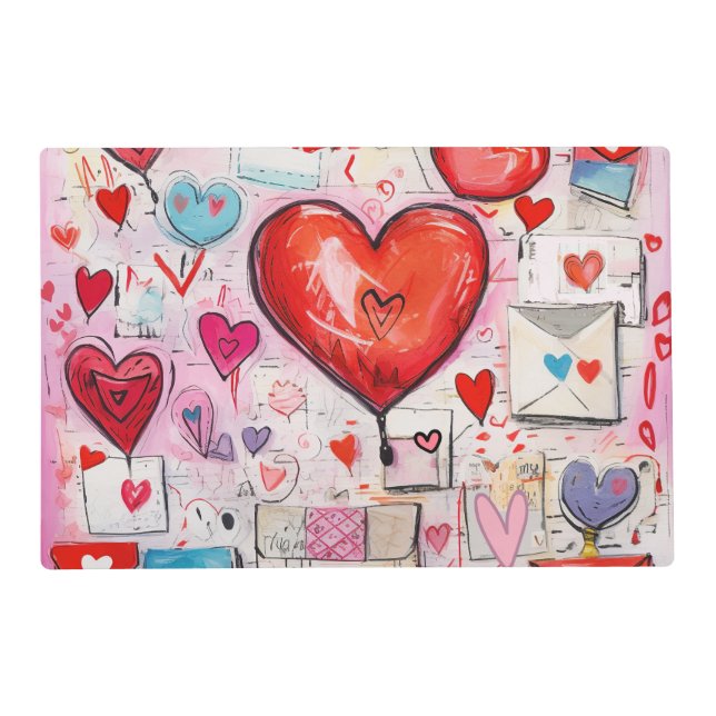 Whimsical Hearts and Love Letters Pattern Placemat (Front)