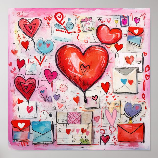 Whimsical Hearts and Love Letters Pattern Poster (Front)