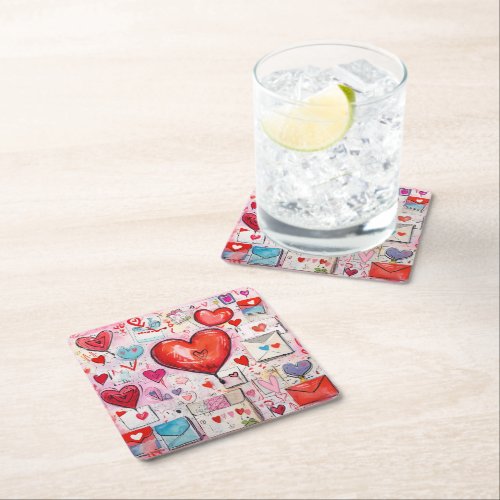 Whimsical Hearts and Love Letters Pattern Square Paper Coaster