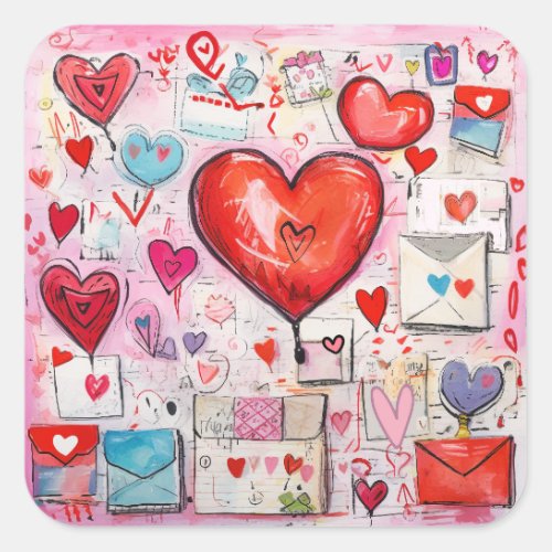 Whimsical Hearts and Love Letters Pattern Square Sticker