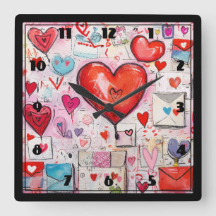 Whimsical Hearts and Love Letters Pattern Square Wall Clock