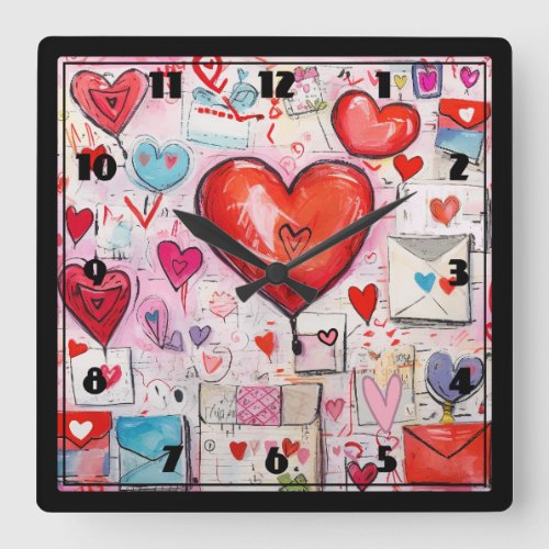 Whimsical Hearts and Love Letters Pattern Square Wall Clock