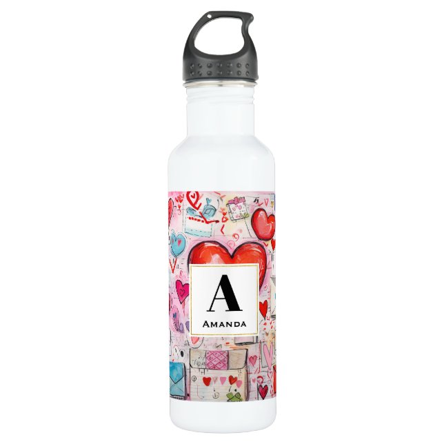 Whimsical Hearts and Love Letters Pattern Stainless Steel Water Bottle (Front)