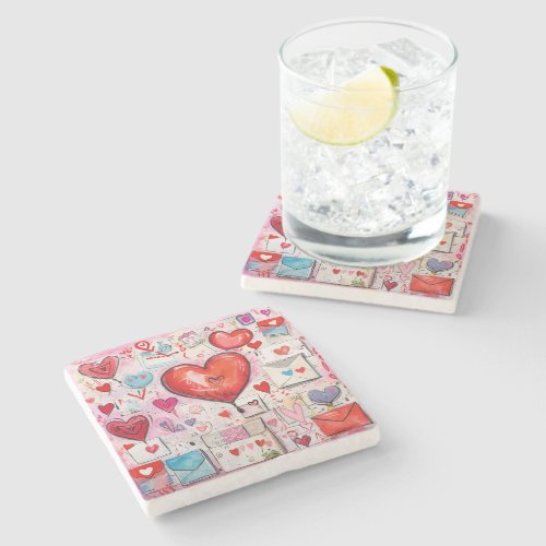 Whimsical Hearts and Love Letters Pattern Stone Coaster
