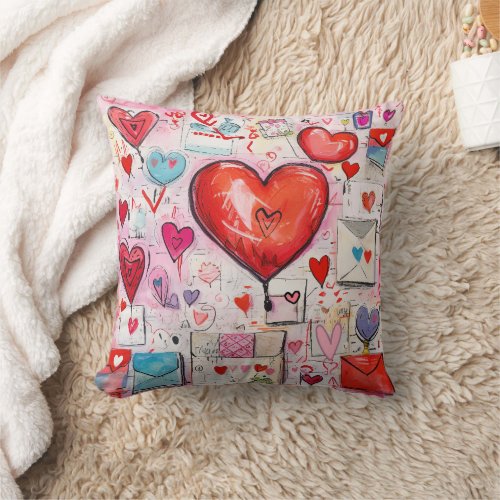 Whimsical Hearts and Love Letters Pattern Throw Pillow