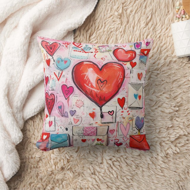 Whimsical Hearts and Love Letters Pattern Throw Pillow (Blanket)