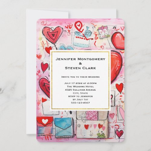 Whimsical Hearts and Love Letters Pattern Wedding Invitation