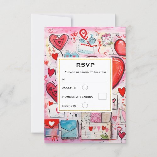 Whimsical Hearts and Love Letters Pattern Wedding RSVP Card