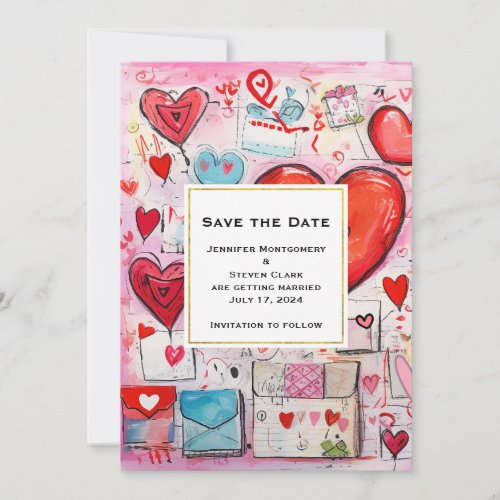 Whimsical Hearts and Love Letters Pattern Wedding Save The Date