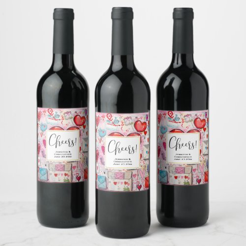 Whimsical Hearts and Love Letters Pattern Wine Label