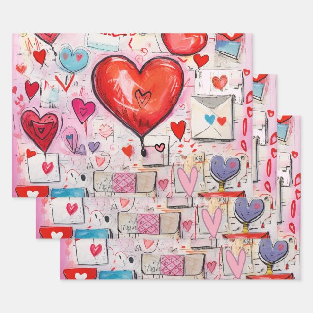 Whimsical Hearts and Love Letters Pattern Wrapping Paper Sheets (Set)